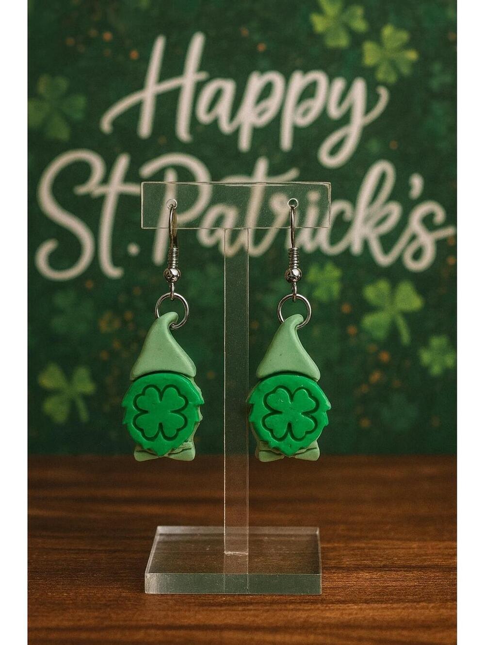 Handmade St. Patrick's Day Gnome Earrings with Shamrock Design, Green Polymer D-